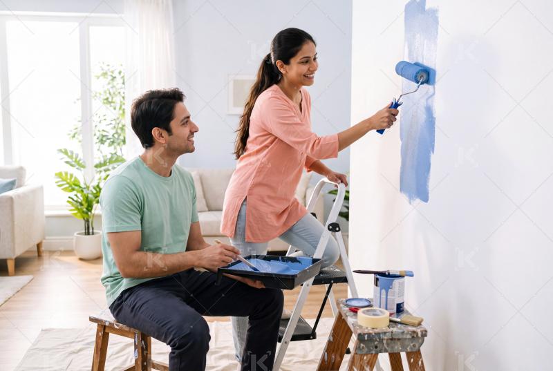 Happy young indian couple painting wall together at home