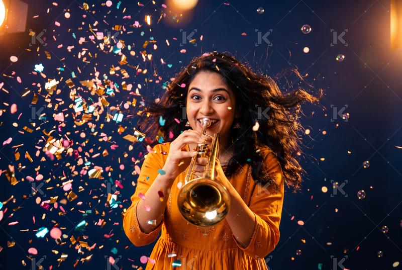 Young Indian woman playing a brass trumpet amidst with flying colorful confetti