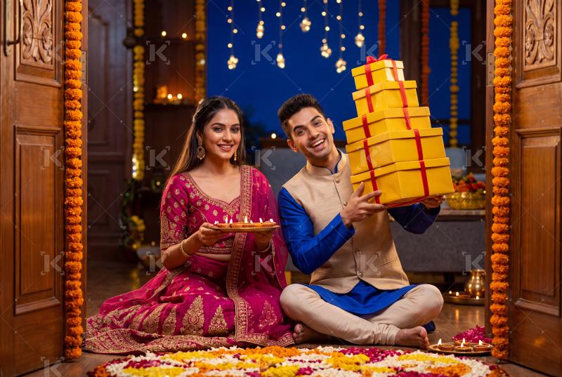 Happy young indian couple holding gift boxes and pooja thali on traditional diwali festival