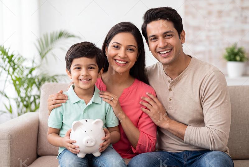 Happy indian family holding piggy bank sitting together at home