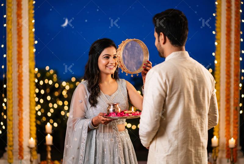 Young indian couple celebrating karwa chauth festival together at home