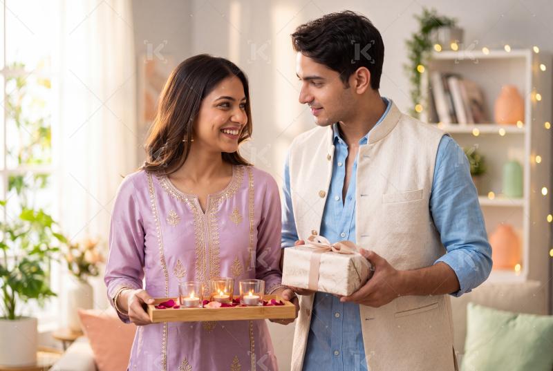 Happy young indian couple holding gift boxes and pooja thali on traditional diwali festival