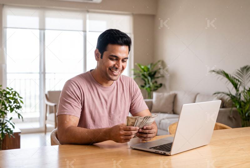 Young indian man counting money notes sitting with laptop at home