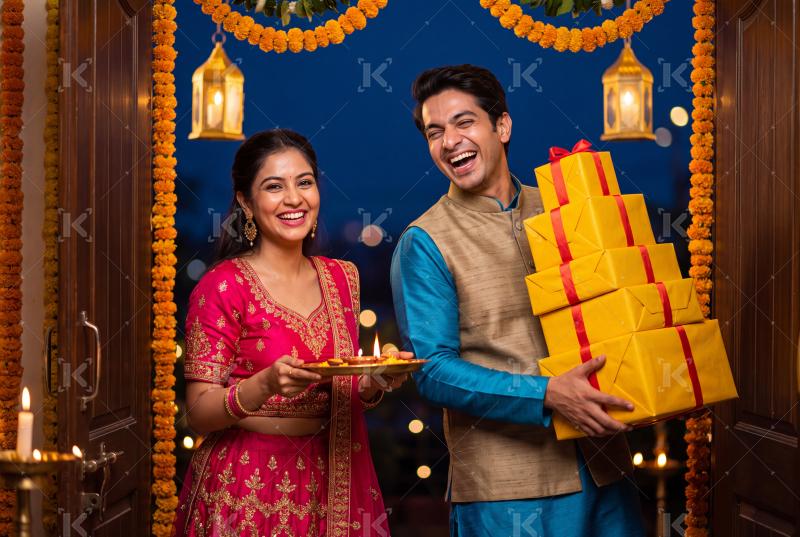 Happy young indian couple holding gift boxes and pooja thali on traditional diwali festival