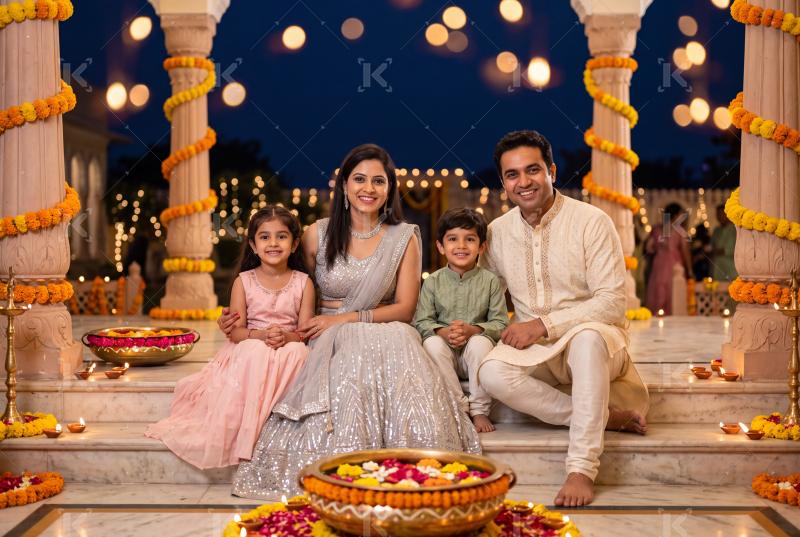 Happy indian family enjoying together on traditional diwali festival at home