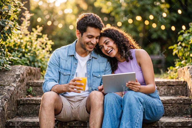 Young indian couple using laptop sitting together at park
