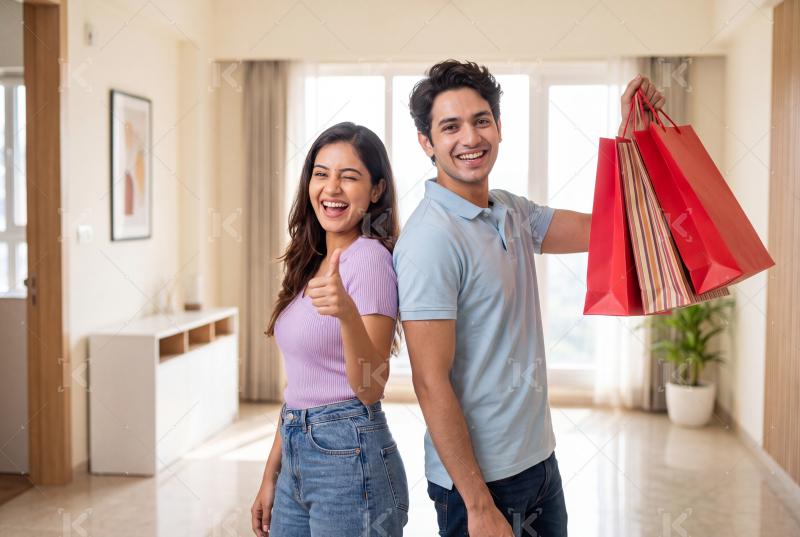 Happy young indian couple holding shopping bags together standing at home