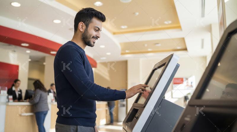 Smiling Man Using Self-Service Kiosk in Modern Bank