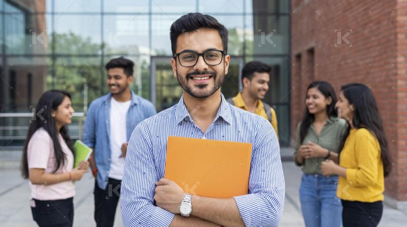 Smiling Indian male student on campus with diverse friends.