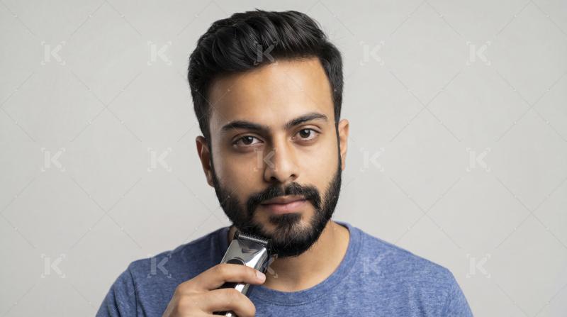 Young Man Trimming Beard with Electric Shaver for Grooming