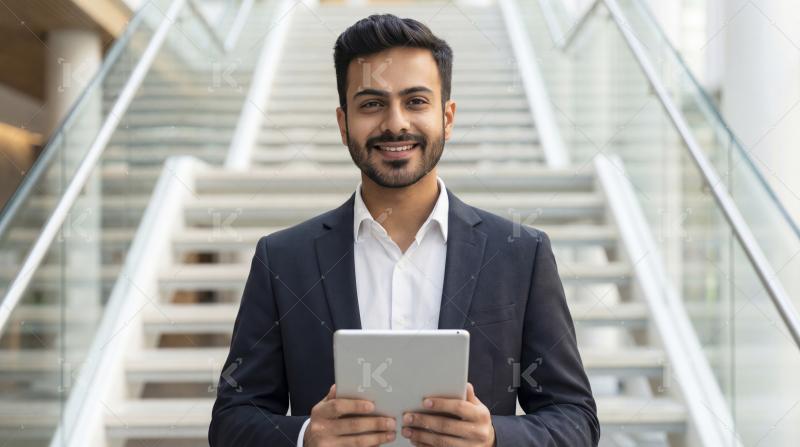 Young Indian Businessman Smiling Holding Tablet in Modern Office
