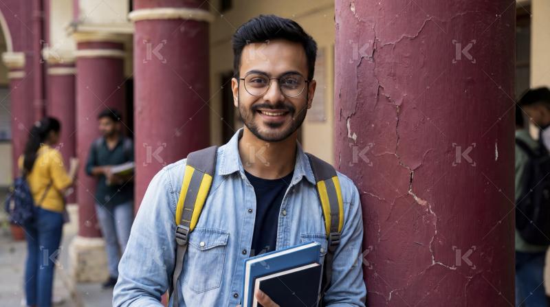 Smiling Young Indian Male Student Holding Books on Campus