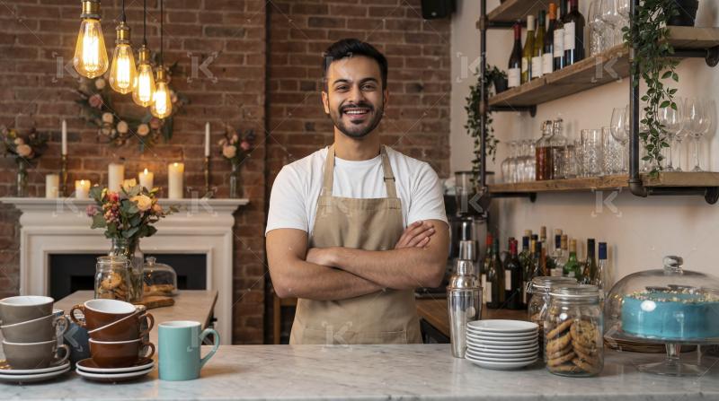 Smiling Male Barista Welcomes Customers in his Cozy Cafe