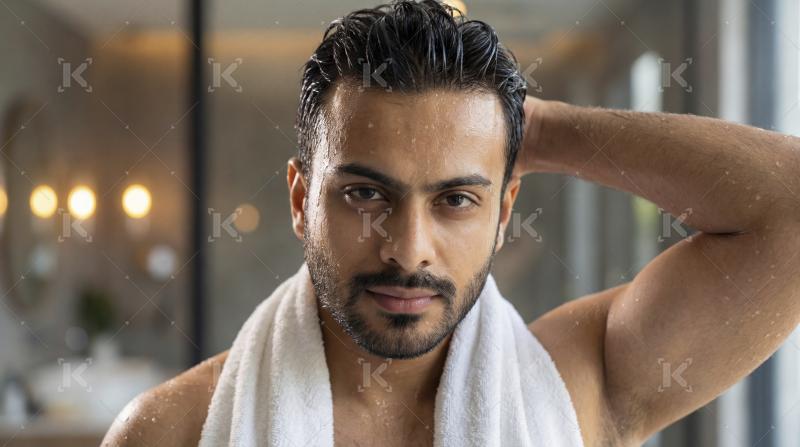 Handsome Man with Wet Hair and Towel After Shower