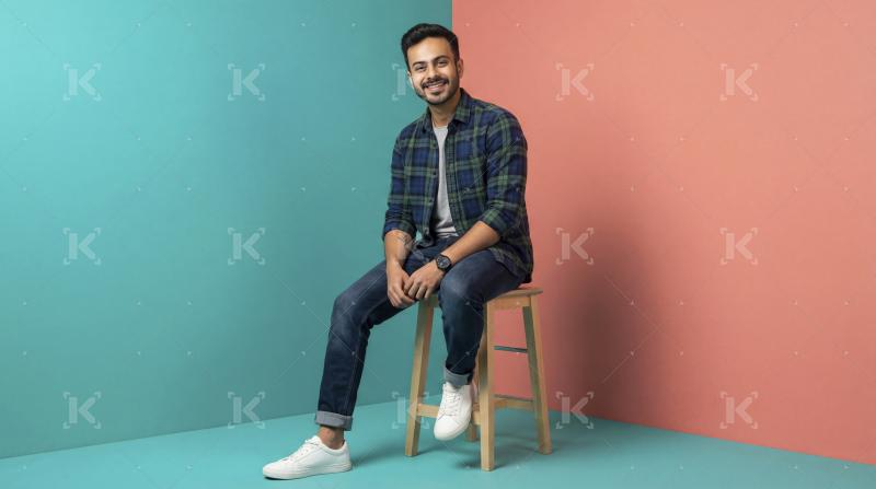 Smiling Young Man Posing on Stool in Studio