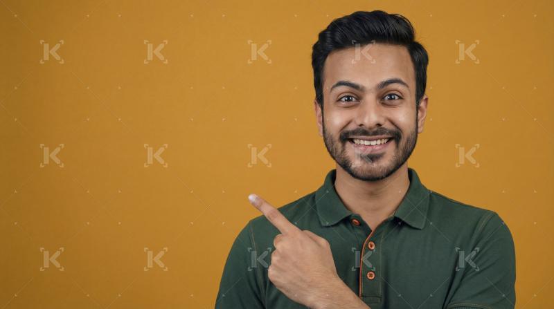 Happy Indian Man Pointing Sideways on Orange Background