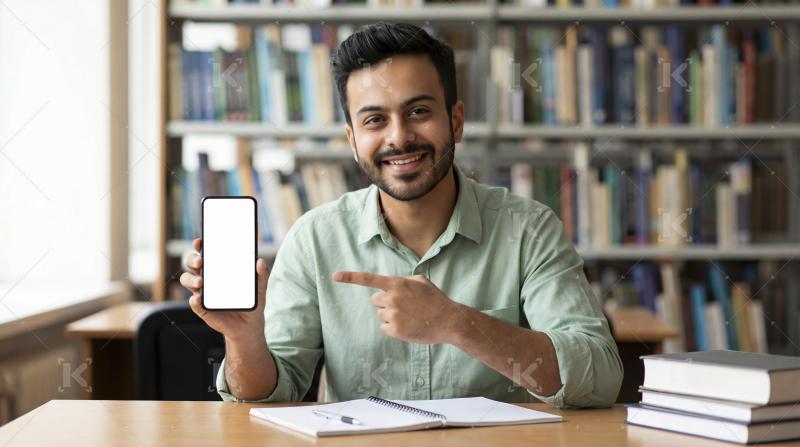 Young Student Showing Blank Smartphone Screen in University Libr
