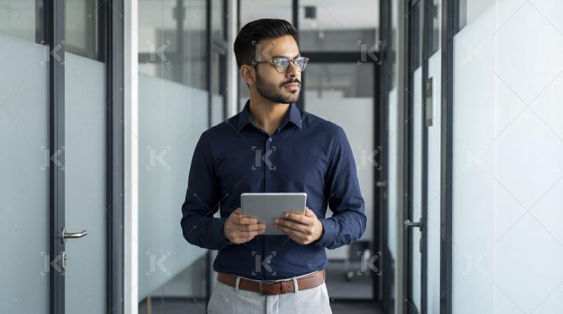 Thoughtful Young Businessman with Tablet in Modern Office Hallwa