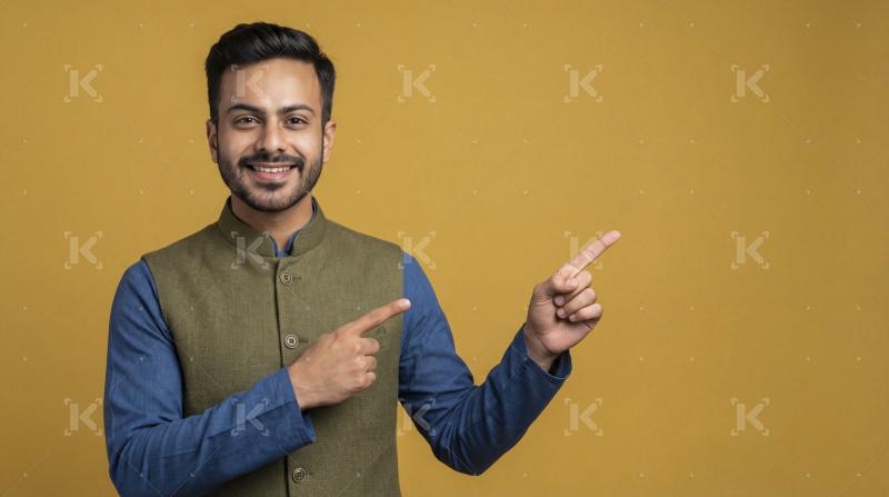 Smiling Indian Man Pointing Right on Yellow Background