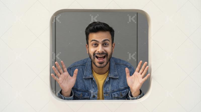 Joyful Young Man Peeking Out, Expressing Delight and Fun