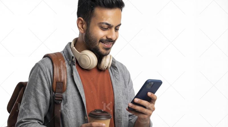 Smiling young man with phone, coffee, and headphones on white ba