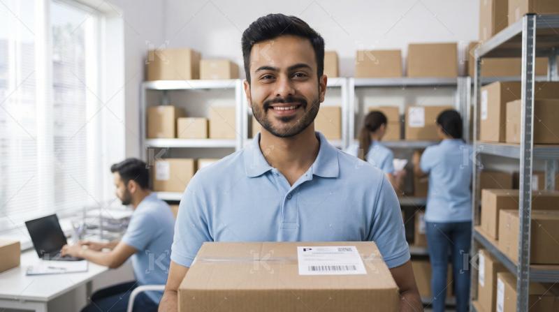Happy male worker holding parcel in a busy logistics center.