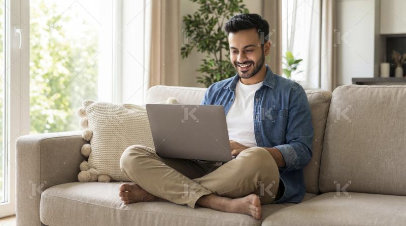 Happy Young Indian Man Working on Laptop on Sofa at Home