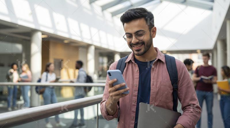 Happy male student using phone and laptop on campus