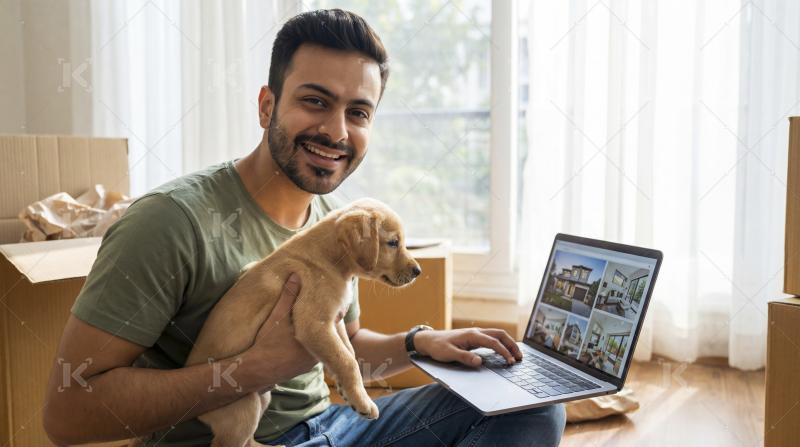 Happy Man and Puppy Search for New Home Online