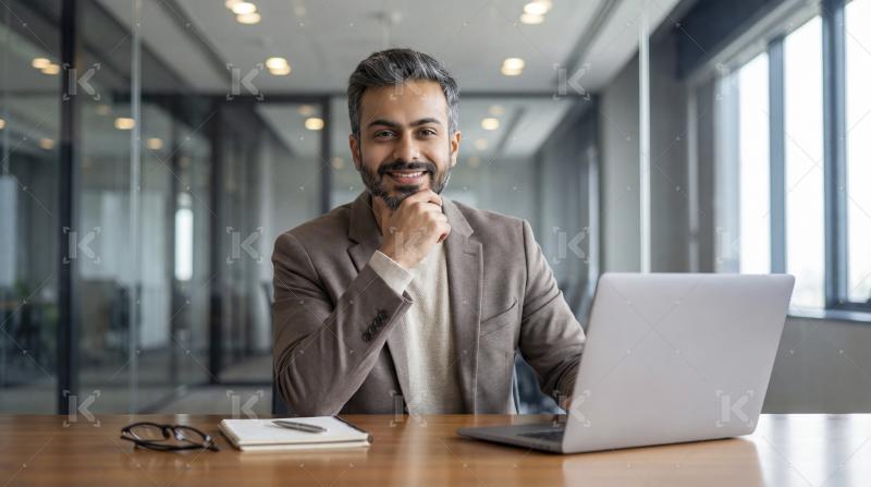 Confident Businessman Smiling in Modern Office with Laptop