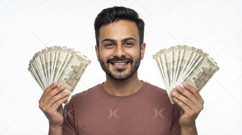 Happy Indian Man Holding Bundles of 500 Rupee Notes