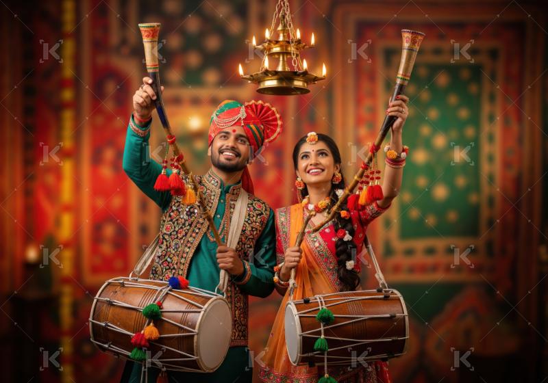 A man and woman dressed in vibrant traditional attire hold dhol