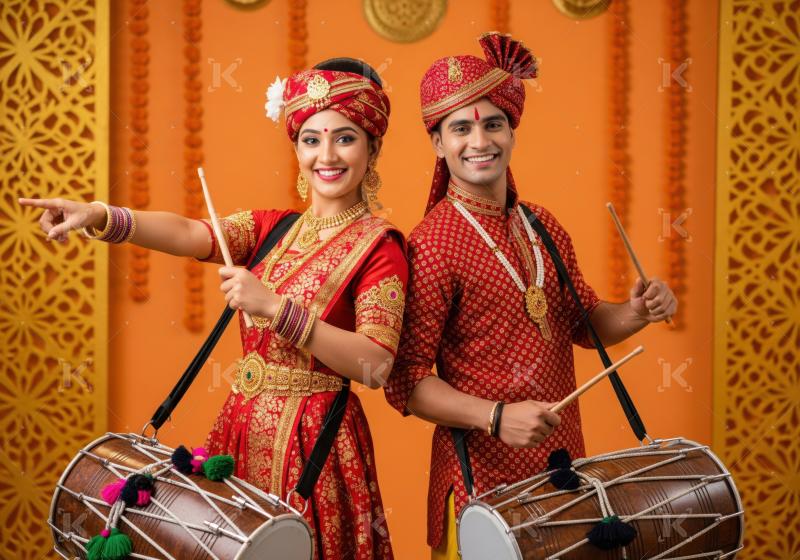 A man and woman in vibrant traditional attire pose with dhol dru