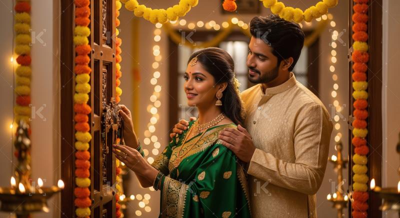 A traditionally attired couple stands at an ornate festive entra
