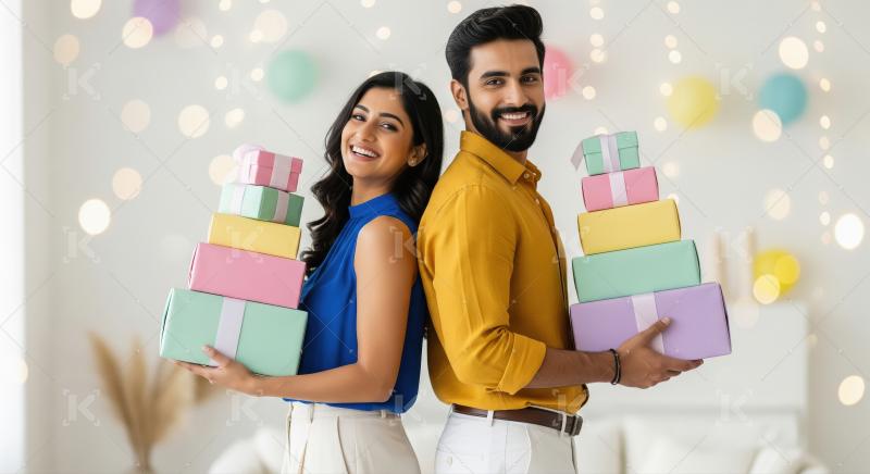 A cheerful couple stands back-to-back, each holding a tall stack