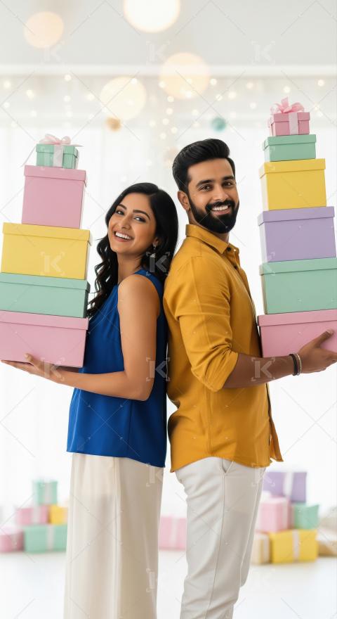 A cheerful couple stands back-to-back, each holding a tall stack