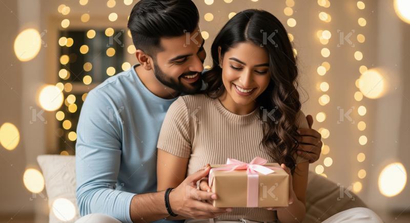 Happy indian man giving gift box to wife on diwali festival