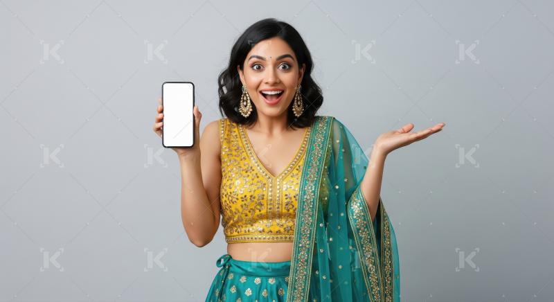 Young woman confidently displaying a blank smartphone screen