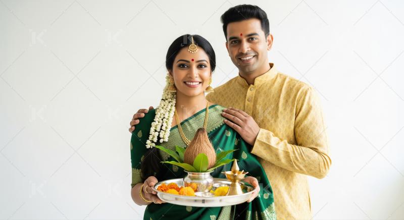 South Asian couple in elegant festive attire, with the woman hol