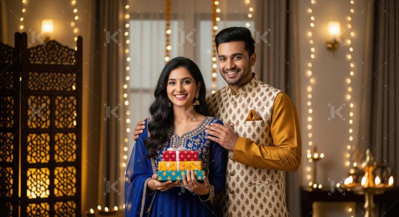 Indian couple in blue and gold festive attire stands together in