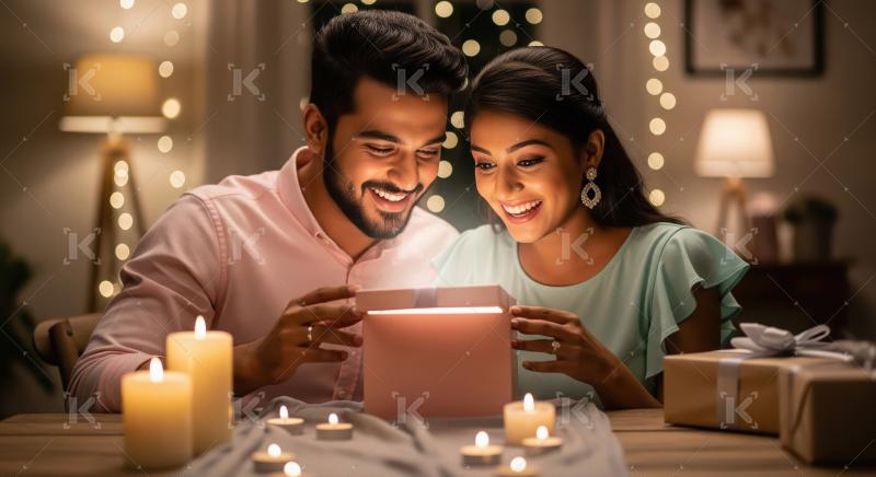 Happy indian man giving gift box to wife on diwali festival