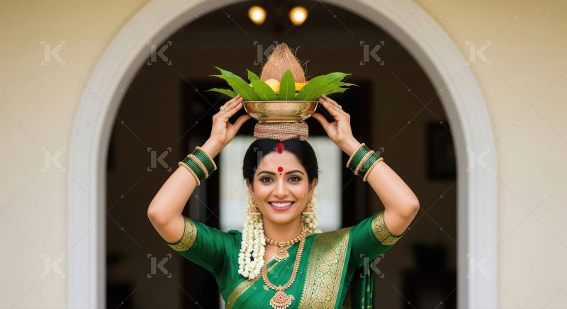 Indian woman carrying a decorated coconut pot on her head at a c