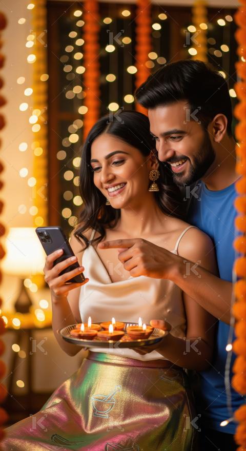 A cheerful young Indian couple celebrates Diwali indoors, with t