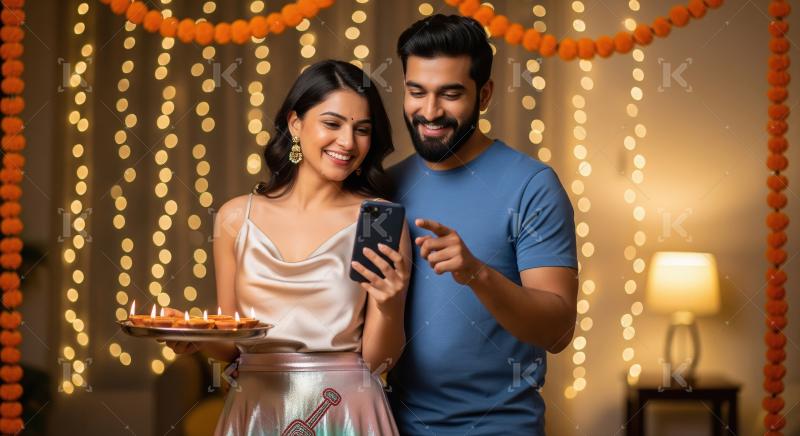 Couple enjoys a festive Diwali evening, holding a smartphone and