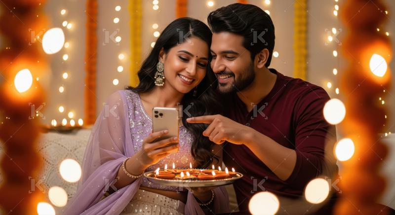 A young Indian couple sitting together during Diwali, the woman