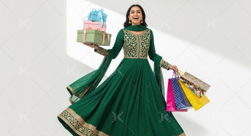 Young Indian woman in a flowing green embroidered anarkali elega