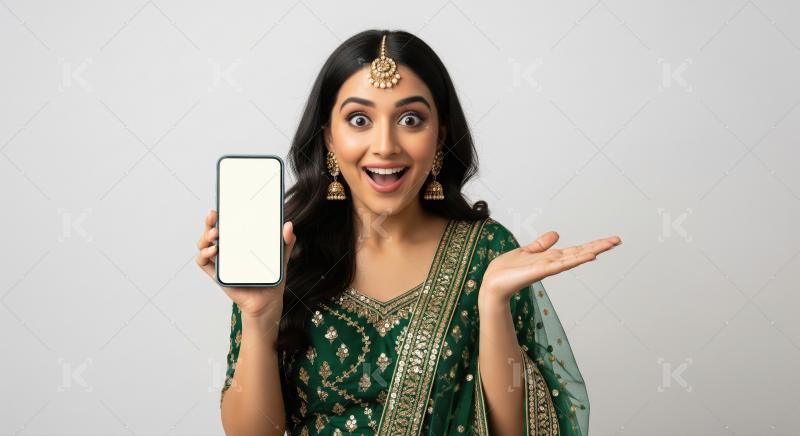 Young woman confidently displaying a blank smartphone screen