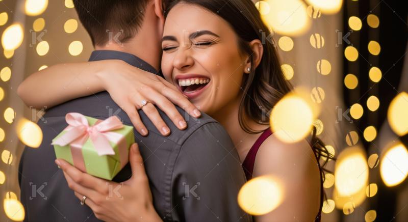 Happy indian man giving gift box to wife on diwali festival
