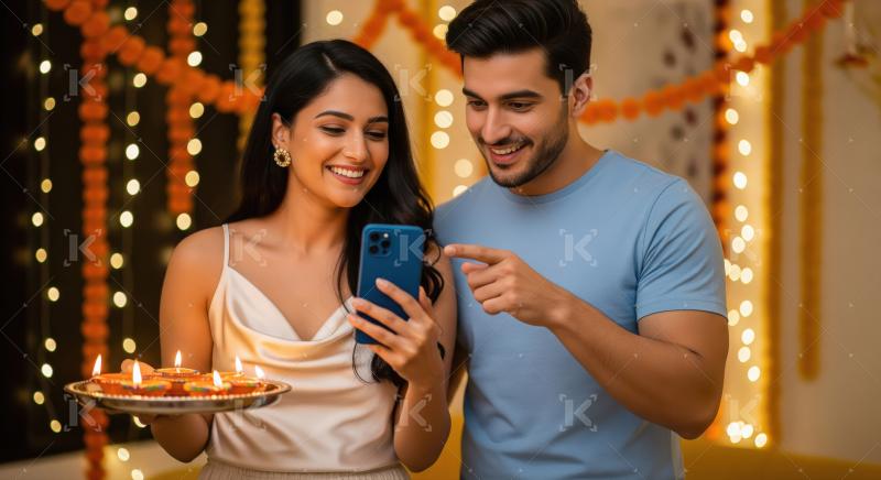 A cheerful couple stands indoors during Diwali, the woman holdin