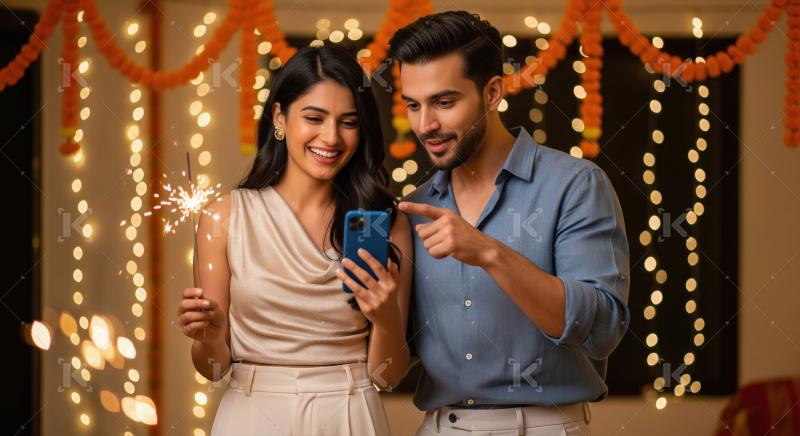 A young couple celebrates Diwali indoors, holding a sparkler and